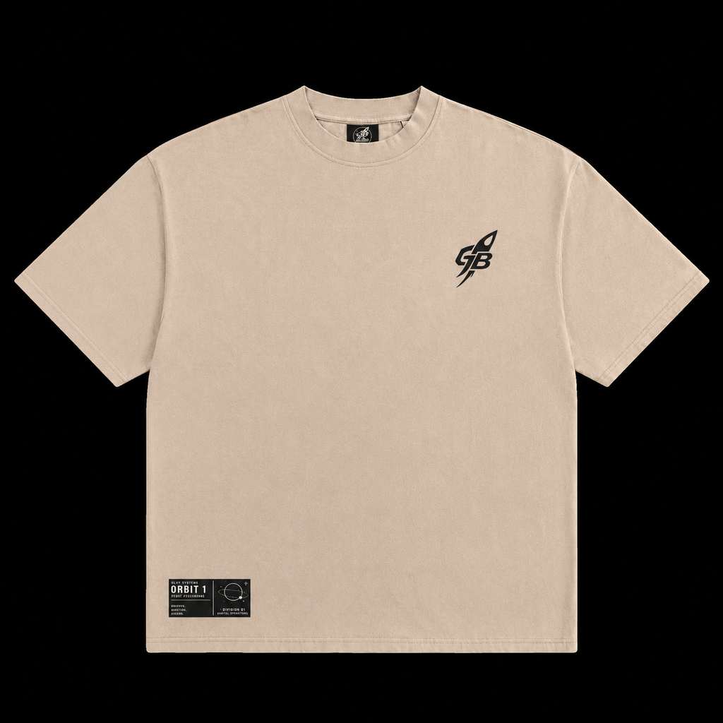 Front product shot of the GLXY Orbit 001 Vintage Cream acid-wash t-shirt with puff-print GB rocket emblem