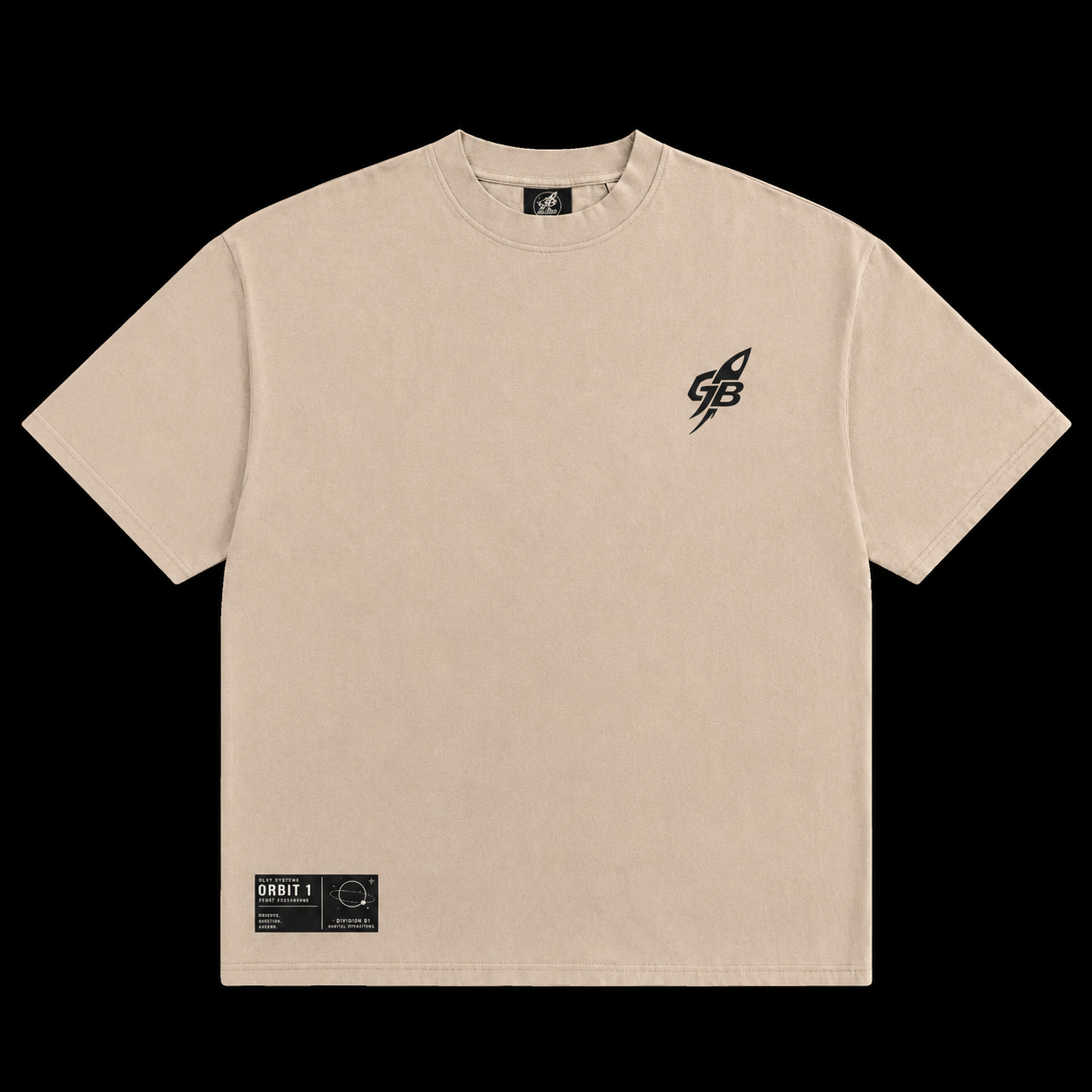 Front product shot of the GLXY Orbit 001 Vintage Cream acid-wash t-shirt with puff-print GB rocket emblem