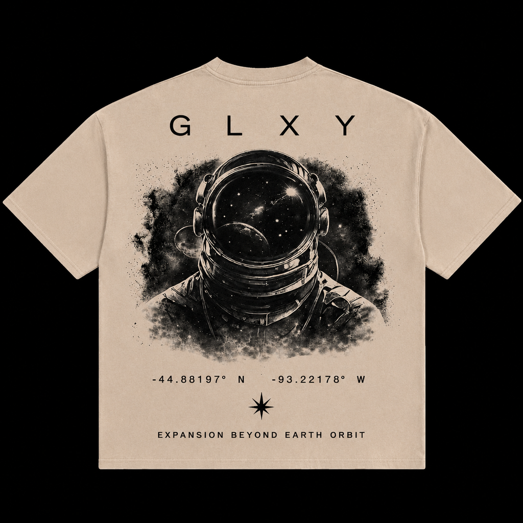 Back product shot of the GLXY Orbit 001 Vintage Cream t-shirt featuring astronaut artwork