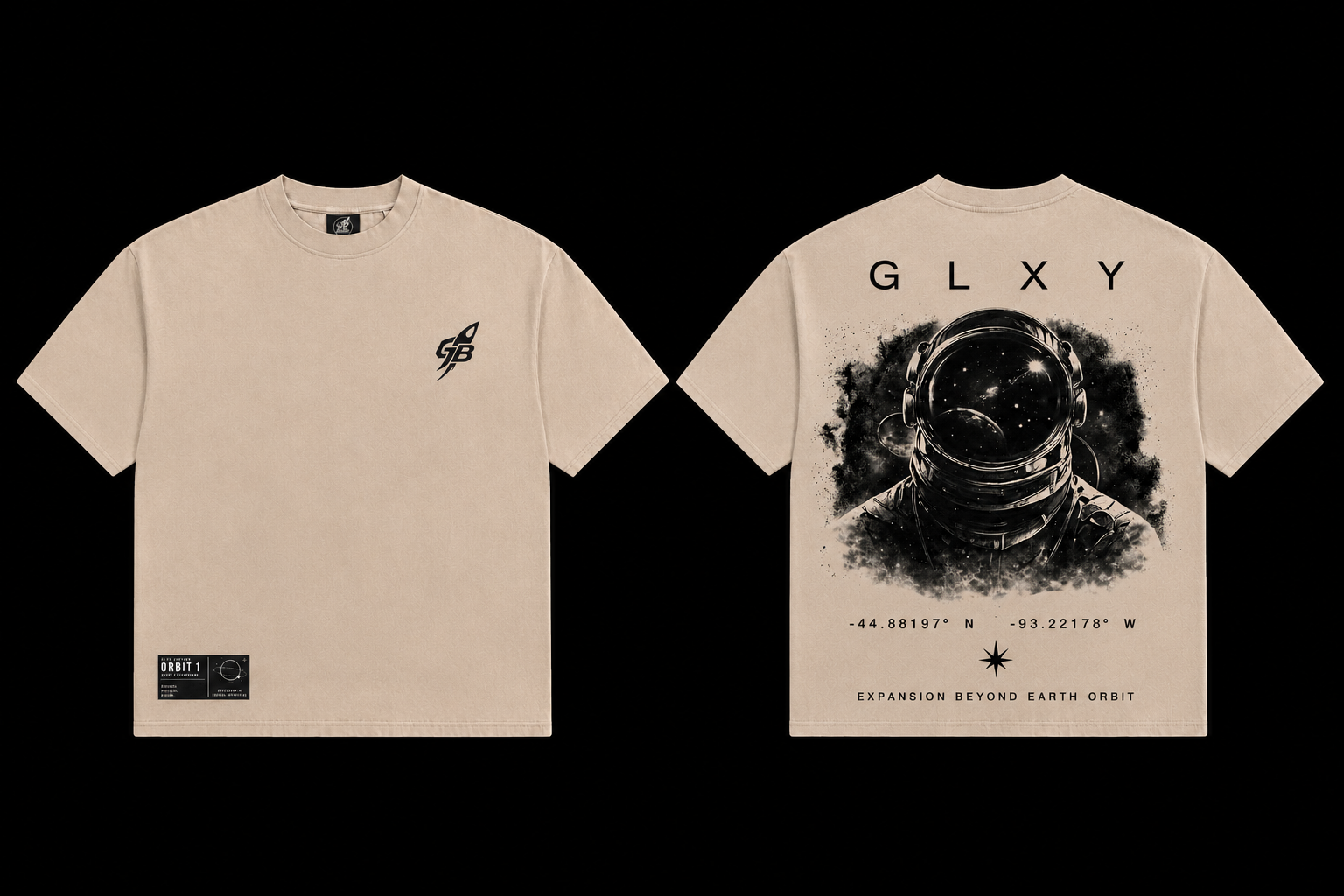 Front and back view of the GLXY Orbit 001 Vintage Cream t-shirt showing rocket emblem and astronaut graphic
