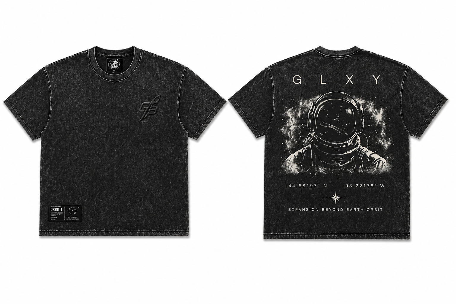 Front and back view of the GLXY Orbit 001 Vintage Black acid-wash t-shirt showing rocket emblem and astronaut graphic