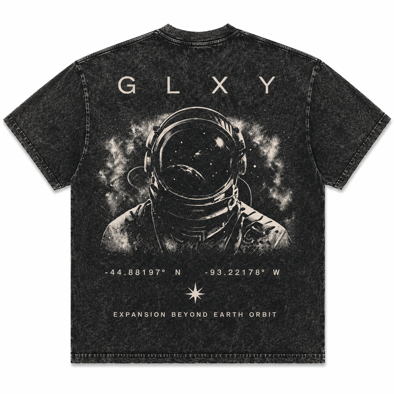 GLXY Mission 001 Orbit 1 acid wash black t-shirt featuring astronaut graphic and expansion beyond earth orbit artwork