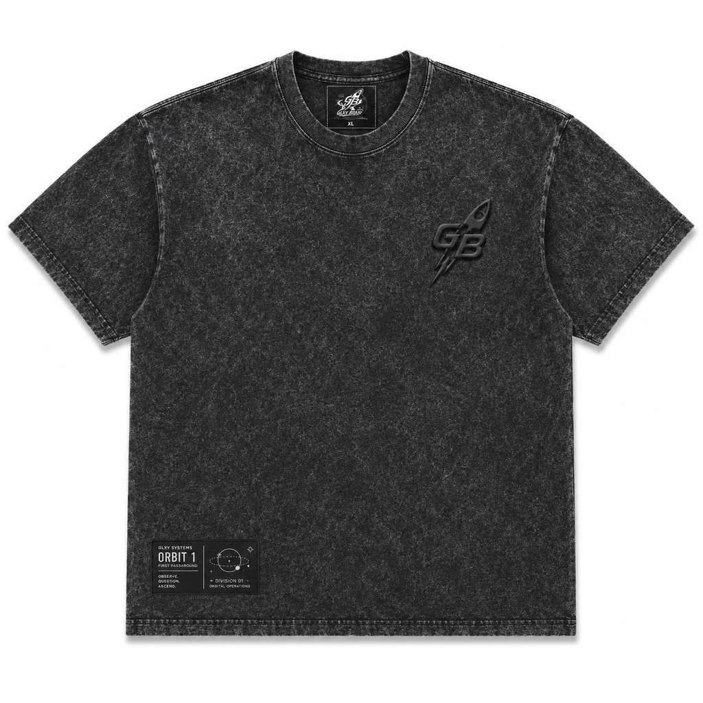 GLXY Mission 001 Orbit 1 heavyweight acid wash black t-shirt with puff print GB rocket logo and Orbit 1 mission patch