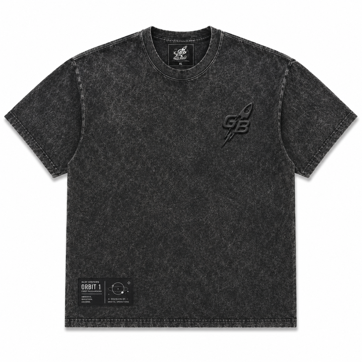 GLXY Mission 001 Orbit 1 heavyweight acid wash black t-shirt with puff print GB rocket logo and Orbit 1 mission patch
