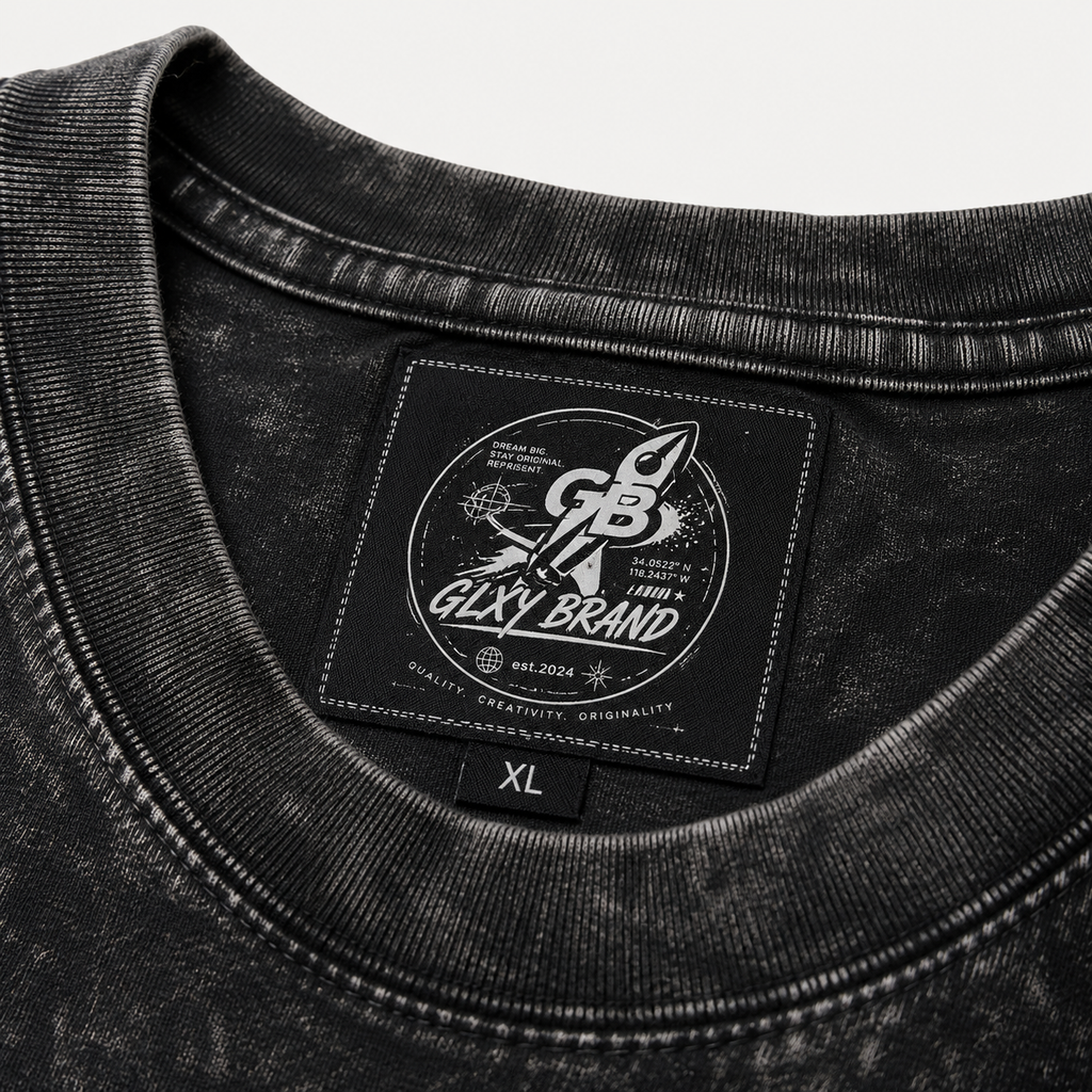 GLXY Orbit 1 custom woven neck label inside heavyweight premium t-shirt