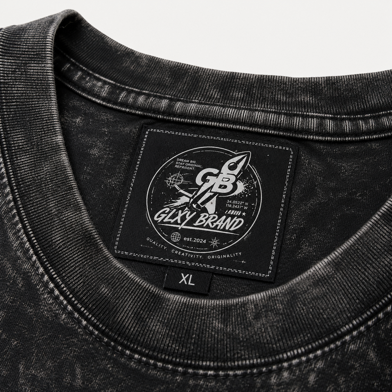 GLXY Orbit 1 custom woven neck label inside heavyweight premium t-shirt